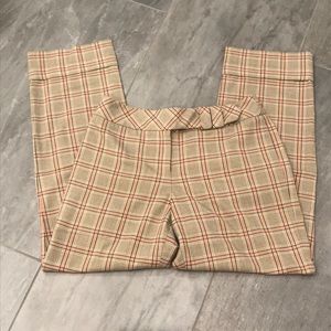 LOFT Beige Plaid Straight-Leg Pants with Red Accent